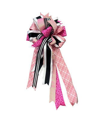 Pink Leopard & Plaid with Black & White Stripes Bow grosgrain metallic whiny