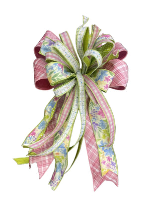 Pink Plaid Plus Bow spring green flower floral watercolor green gingham