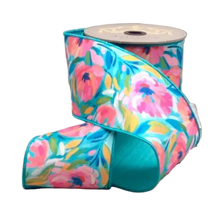 Pink, Teal, Golden Yellow Hand Drawn Abstract Flowers Dupion Ribbon 4" - SOLD BY THE FOOT