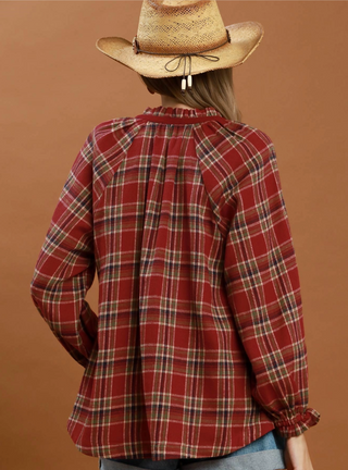 Plaid Button Down Long Sleeve Relaxed Top in Red beige red black ruffle collar country western