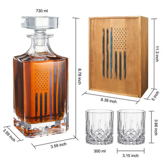 Whiskey decanter set with dimensions and glasses on a white background. Police Tactical Blue Tattered American Flag Whiskey Decanter Set with Two Glasses