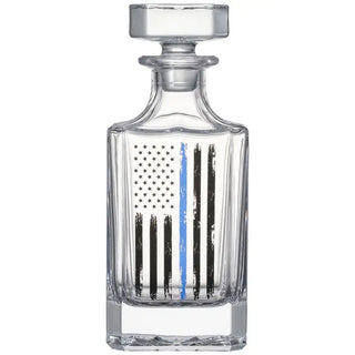 Clear glass decanter with American flag design featuring a blue stripe on a white background. Police Tactical Blue Tattered American Flag Whiskey Decanter Set with Two Glasses