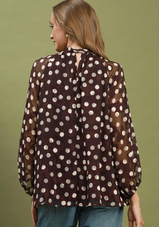 Polka Dot High Neck Long Sleeve Blouse in Chocolate brown sheer sleeve tie at neck