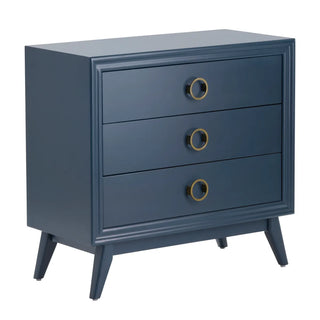 Pomeroy Indigo Chest rich blue three drawer circle gold pull angle leg