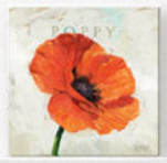A giclee artwork print of an orange poppy flower with a dark purple center.