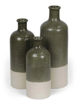 Portico Collection Vase in Green Assorted
Three ceramic bottle-shaped vase in a speckled dark olive green glaze with a matte off-white lower section