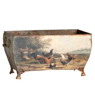 Poulets Rectangular Tole Container
Decorative metal planter with a farm scene of chickens, antique french country