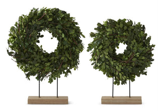 Preserved Boxwood Wreath on Spindle and Wood Base Assorted green evergreen nature