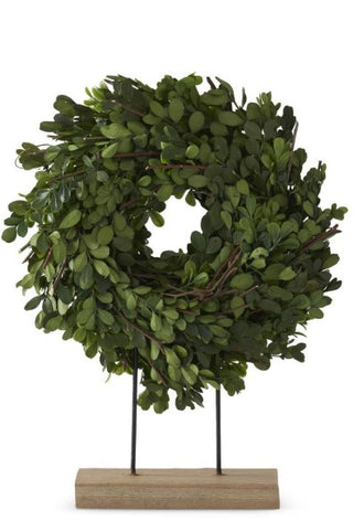 Preserved Boxwood Wreath on Spindle and Wood Base Assorted real green