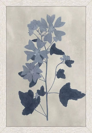 Pressed Flower II Artwork Assorted Four framed botanical prints with blue floral silhouettes on a beige background navy blue light blue