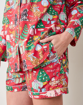 Printfresh Meowy Christmas Long Sleeve Top & Shorts Set in Red Bow