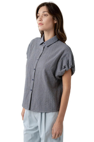 Puff Sleeve Button-Down Blouse in Blue