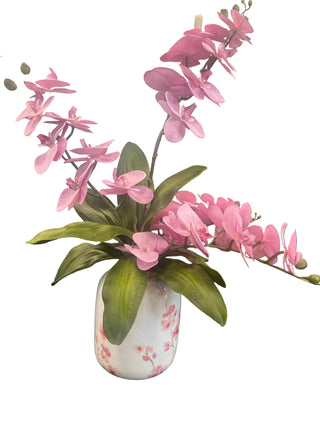 Purple Orchid Arrangement in Cherry Blossom Vase pink and white enamel oriental japanese