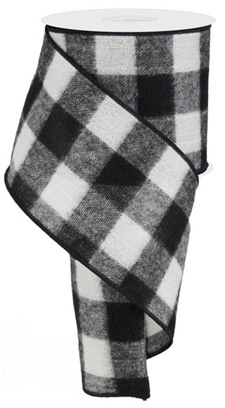 Black & White Buffalo Plaid Wool Wired Ribbon 4" SOLD BY THE FOOT