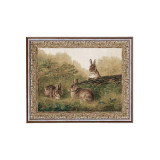 Rabbits on a Log Framed Antique Art 16"x12"