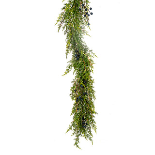 A hanging artificial evergreen garland with dense green needle-like foliage and small dark berries, shown against a plain white background. Real Touch Cedar & Blue Berry Garland 6'