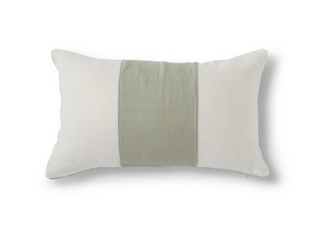 Rectangular Natural Italian Linen Pillow with Sage Center Stripe
A rectangular lumbar pillow with a vertical sage green linen stripe down the center, flanked by off-white panels