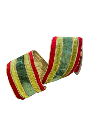 Red/Apple/Green Velvet Stripe Metallic Dupion Double Fused Ribbon 6" - SOLD BY THE FOOT
