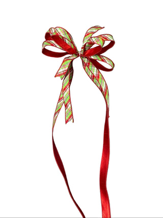Red, Apple Green & White Plaid Bow
A large decorative gift bow made from red ribbon with green and white diagonal stripes Christmas