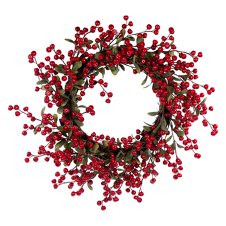 Wreath with red berries and green leaves on a white background. Red Berry Indoor/Outdoor Wreath