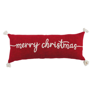 Red Cotton Lumbar Pillow with Tassels & Embroidered "Merry Christmas"