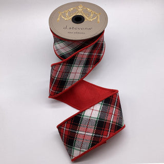 Red Cotton Plaid Bias Cut Dupion Back Ribbon 2.5" - SOLD BY THE FOOT black white green