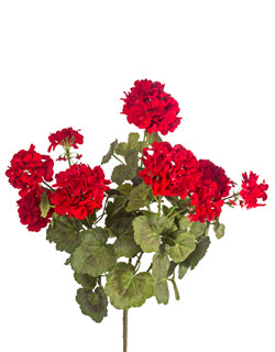 A 27-inch artificial red geranium bush with velvety petals and green leaves. Red Geranium Bush  27"