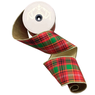 Red, Green & White with Metallic Gold Back Asher Plaid 4" Ribbon - Sold by the Foot