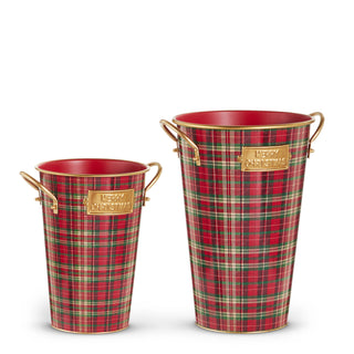 Red, Green and Gold Plaid Bucket Decor Assorted handle Merry Christmas