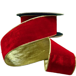 2.5" Red Lush Velvet Metallic Light Gold Back Ribbon - Sold by the Foot