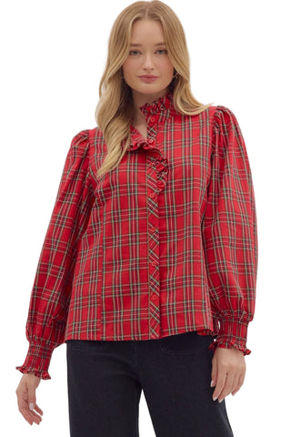 Red Plaid Long Sleeve Blouse