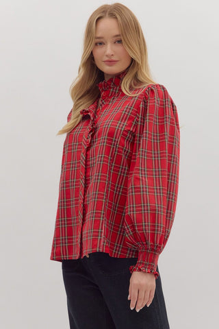 Red Plaid Long Sleeve Blouse