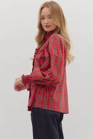 Red Plaid Long Sleeve Blouse