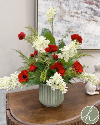 Red Poppy White Hydrangea floral arrangement