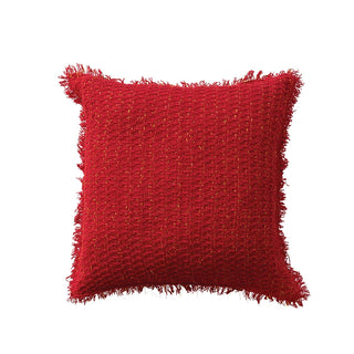 Red Square Woven Cotton Pillow w/ Metallic Gold Thread & Fringe