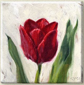A canvas art print featuring a close-up of a red tulip with green leaves against a light background.