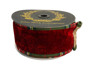 Red velvet ribbon with a green plaid trim. Sold By The Foot. 