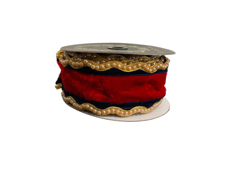 Red Velvet/Navy Trimmed Beaded Edge Metallic Dupion Fused Ribbon 2.5" - SOLD BY THE FOOT gold