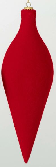 Red Christmas ornament shaped like a teardrop on a light gray background