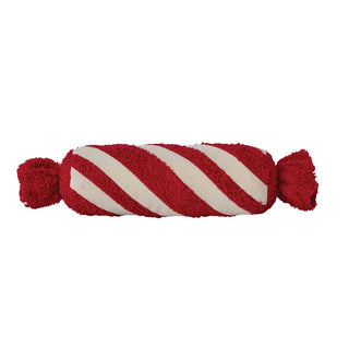 Red & White Cotton, Velvet & Faux Sherpa Candy Shaped Bolster Pillow