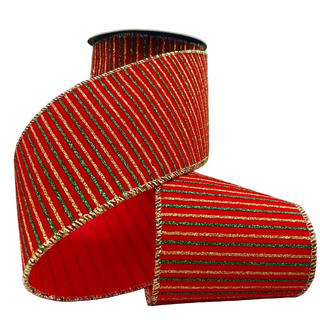 Red with Green & Gold Stripes Velvet Ribbon Sold by the Foot