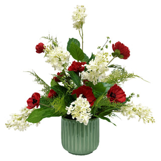 Red Poppy White Hydrangea floral arrangement