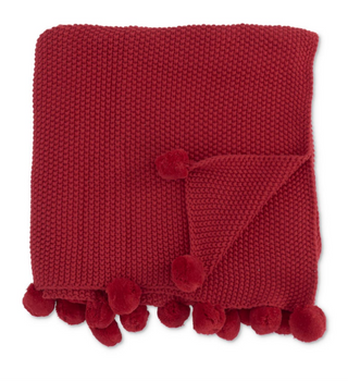 Red Moss Stitch Knit Throw Blanket with Pompom Trim