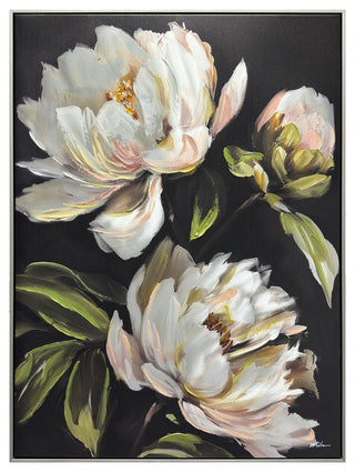 Reflective Blossom Floating Framed Canvas
An oil painting of three white peonies with soft pink and yellow accents, set against a dark black background with green leaves white frame green pink
