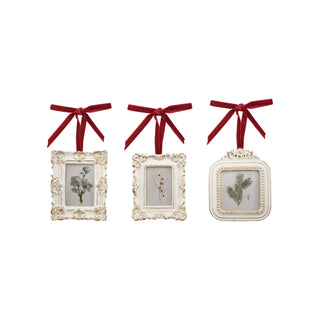 Resin Photo Frame Ornament with Velvet Ribbon Assorted berry berries antique ivory white gold evergreen flower blue