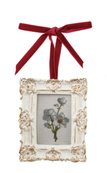 Resin Photo Frame Ornament with Velvet Ribbon Assorted blue flower red ribbon ivory white vintage