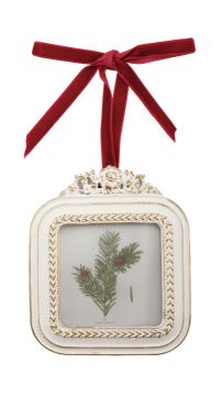 Resin Photo Frame Ornament with Velvet Ribbon Assorted frasier fir green red ivory gold white vintage