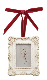 Resin Photo Frame Ornament with Velvet Ribbon Assorted pine berry berries red white ivory gold vintage