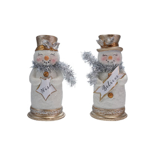 Resin Snowman with Glitter, Tinsel Scarf & Sign Assorted silver gold wish believe hat