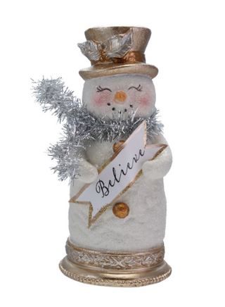 Resin Snowman with Glitter, Tinsel Scarf & Sign Assorted believe white silver gold